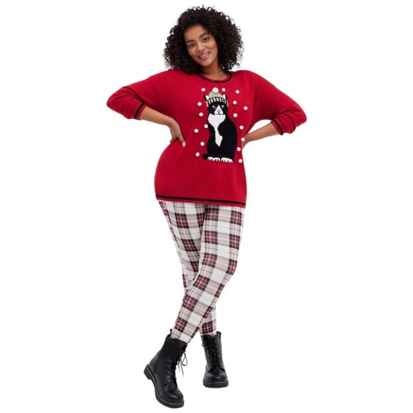 TORRID Size M/L 00- Oversized Pullover Cat Crew Neck Red Sweater NEW - Picture 3 of 4